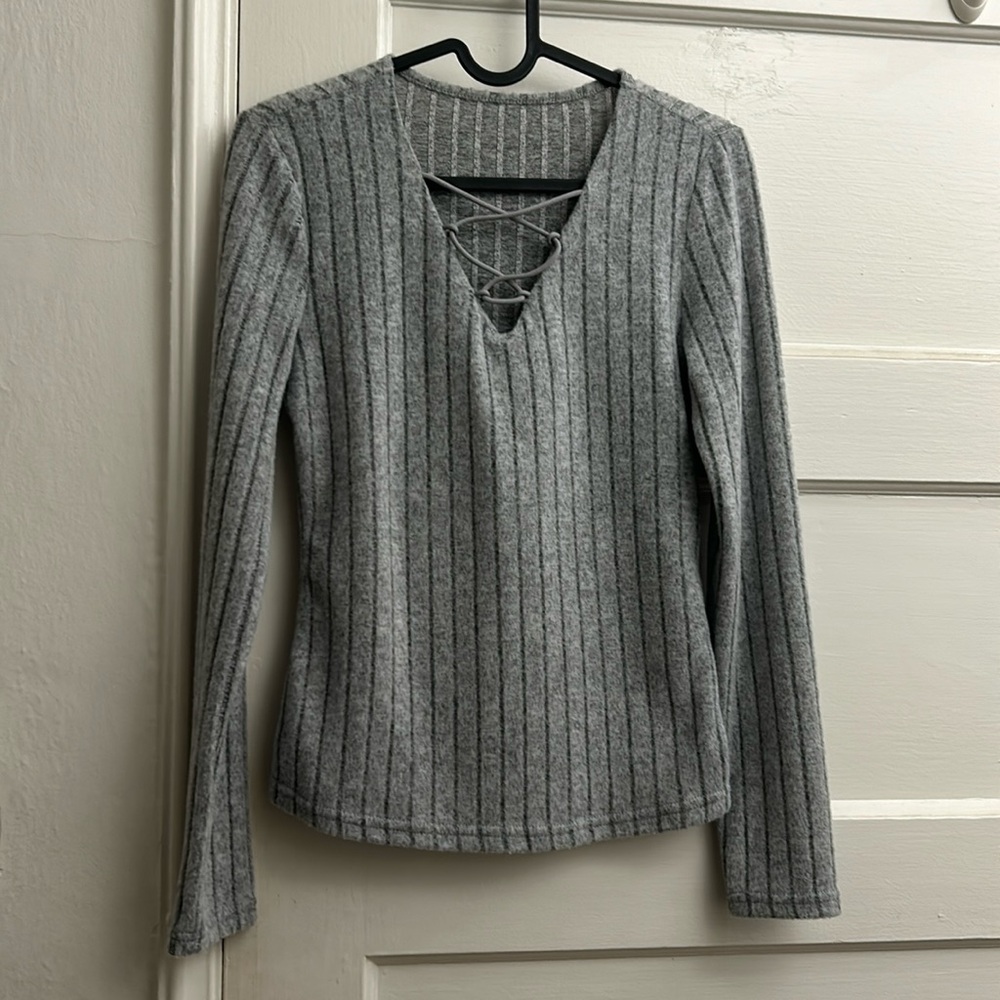 Grey mock lace up v neck long sleeve